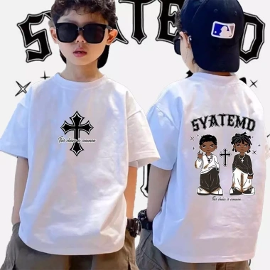 Áo thun HipHop trẻ em in bông ngoại cỡ, 8 màu, ngắn tay - OOTD đường phố Mỹ