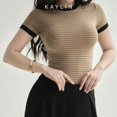 Áo thun KAYLIN Basic dáng ôm sọc co giãn cotton - BST Hè 2.025, giảm giá 270k