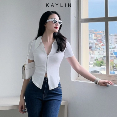 Áo thun KAYLIN Freesize form ôm cổ sơ mi, dây kéo hai đầu, thun cỏ giãn trẻ trung - Giá chỉ 260.000₫
