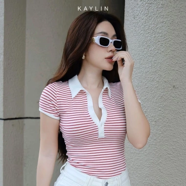 Áo thun KAYLIN Polo form ôm sọc co giãn công sở thanh lịch - 290k