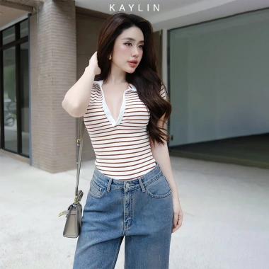 Áo thun KAYLIN Polo form ôm sọc co giãn công sở thanh lịch - 290k