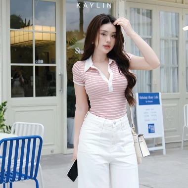 Áo thun KAYLIN Polo form ôm sọc co giãn công sở thanh lịch - 290k