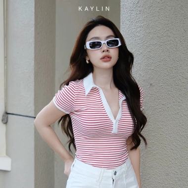 Áo thun KAYLIN Polo form ôm sọc co giãn công sở thanh lịch - 290k