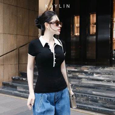 Áo thun KAYLIN Polo ôm sọc co giãn, phong cách công sở thanh lịch - N2.308