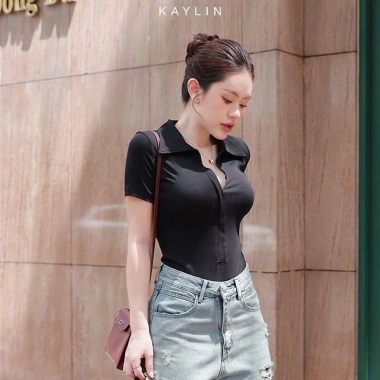 Áo thun KAYLIN polo phối khóa kéo, vải thun co giãn, phong cách thanh lịch - 270k