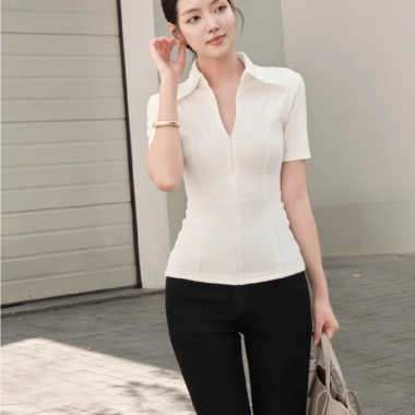 Áo thun KAYLIN Polo zip khóa, chiết eo, cotton co giãn, BST Tháng 3 A143T3 385k 4