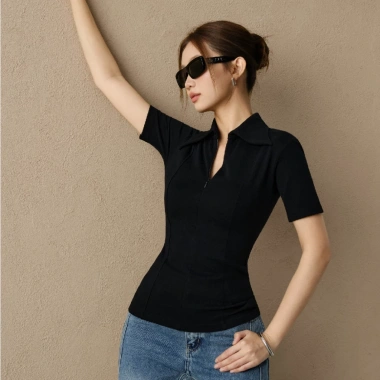 Áo thun KAYLIN Polo zip khóa, chiết eo, cotton co giãn, BST Tháng 3 A143T3 385k 7