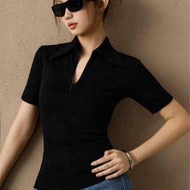 Áo thun KAYLIN Polo zip khóa, chiết eo, cotton co giãn, BST Tháng 3 A143T3 385k 10