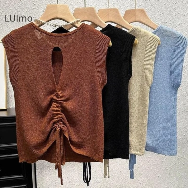 Áo thun không tay nữ retro lưng rỗng dệt kim mùa hè giá chỉ 60.048 VND