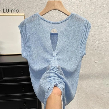 Áo thun không tay nữ retro lưng rỗng dệt kim mùa hè giá chỉ 60.048 VND