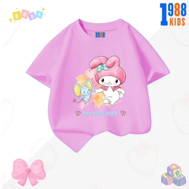 Áo thun Kuromi và Mylody cho bé gái - Cotton co giãn 4 chiều, hồng trắng 90k 9