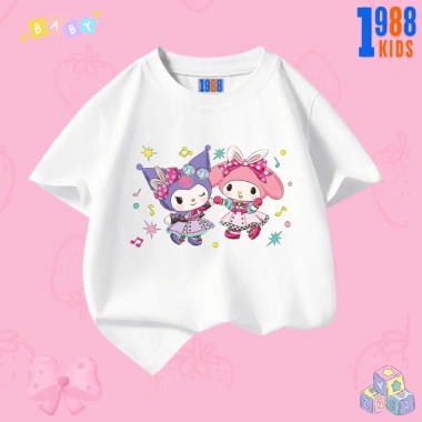 Áo thun Kuromi và Mylody cho bé gái - Cotton co giãn 4 chiều, hồng trắng 90k 10
