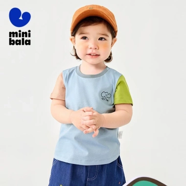 Áo thun Minibala mùa hè cotton thoáng khí colorblock, thân thiện da cho bé trai bé gái