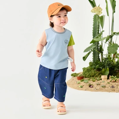 Áo thun Minibala mùa hè cotton thoáng khí colorblock, thân thiện da cho bé trai bé gái