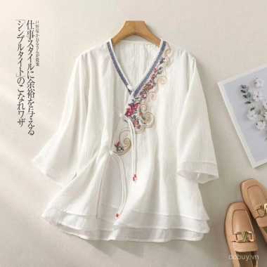 Áo thun mùa hè vải lanh cotton thêu dân tộc phong cách vintage hanfu, thoáng mát