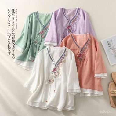 Áo thun mùa hè vải lanh cotton thêu dân tộc phong cách vintage hanfu, thoáng mát 3 Áo thun mùa hè vải lanh cotton thêu dân tộc phong cách vintage hanfu, thoáng mát 3