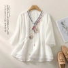 Áo thun mùa hè vải lanh cotton thêu dân tộc phong cách vintage hanfu, thoáng mát 10