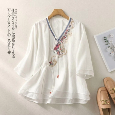 Áo thun mùa hè vải lanh cotton thêu dân tộc phong cách vintage hanfu, thoáng mát 10 Áo thun mùa hè vải lanh cotton thêu dân tộc phong cách vintage hanfu, thoáng mát 10