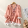 Áo thun mùa hè vải lanh cotton thêu dân tộc phong cách vintage hanfu, thoáng mát 13