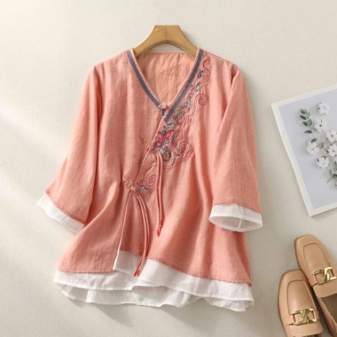 Áo thun mùa hè vải lanh cotton thêu dân tộc phong cách vintage hanfu, thoáng mát 13 Áo thun mùa hè vải lanh cotton thêu dân tộc phong cách vintage hanfu, thoáng mát 13