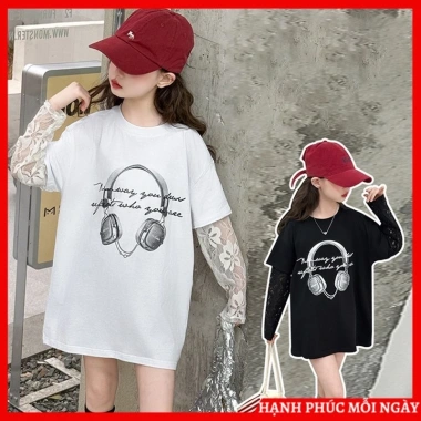 Áo thun ngắn tay nữ, bé gái cotton Hàn Quốc size 18‑50kg, mẫu Tai nghe, giảm còn 56k