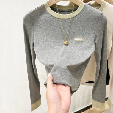 Áo thun nữ cổ tròn mùa thu cotton dài tay, màu tương phản, vừa vặn - Giá ưu đãi 169.200₫