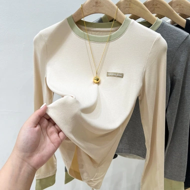Áo thun nữ cổ tròn mùa thu cotton dài tay, màu tương phản, vừa vặn - Giá ưu đãi 169.200₫