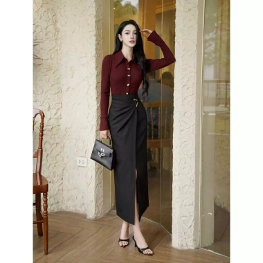 Áo thun nữ công sở dài tay, body ôm co giãn, phom sang trọng, phối chân váy A - 290k 7