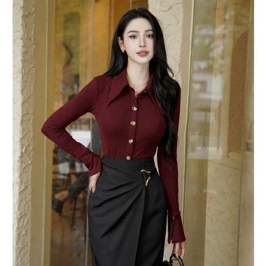 Áo thun nữ công sở dài tay, body ôm co giãn, phom sang trọng, phối chân váy A - 290k 10