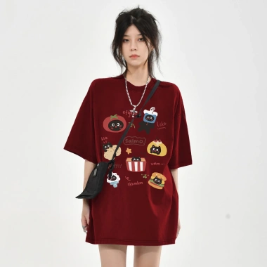 Áo thun nữ form rộng đỏ mận 100% cotton họa tiết bánh hamburger dễ thương RTOML – giá 69.000₫ 2