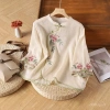 Áo thun nữ retro dân tộc vải lanh cotton, thêu họa tiết, cổ bèo, nút cài, tay 3/4 mùa hè 2.025