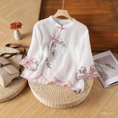 Áo thun nữ retro dân tộc vải lanh cotton, thêu họa tiết, cổ bèo, nút cài, tay 3/4 mùa hè 2.025 4