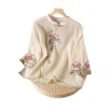 Áo thun nữ retro dân tộc vải lanh cotton, thêu họa tiết, cổ bèo, nút cài, tay 3/4 mùa hè 2.025 6