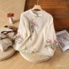 Áo thun nữ retro dân tộc vải lanh cotton, thêu họa tiết, cổ bèo, nút cài, tay 3/4 mùa hè 2.025 8