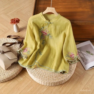 Áo thun nữ retro dân tộc vải lanh cotton, thêu họa tiết, cổ bèo, nút cài, tay 3/4 mùa hè 2.025 9