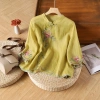 Áo thun nữ retro dân tộc vải lanh cotton, thêu họa tiết, cổ bèo, nút cài, tay 3/4 mùa hè 2.025 12