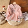Áo thun nữ retro dân tộc vải lanh cotton, thêu họa tiết, cổ bèo, nút cài, tay 3/4 mùa hè 2.025 13