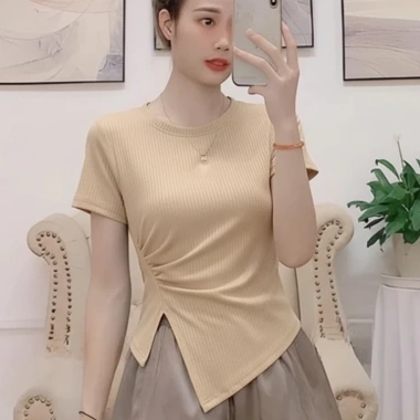 Áo thun nữ vạt chéo rúm xẻ sườn, cộc tay cổ tròn - Siêu đẹp giá 82.800đ 2