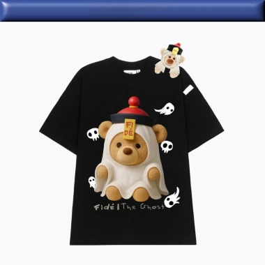 Áo thun phông cotton unisex nữ cổ tròn rộng đính gấu - Bigsize RTOML, chỉ 69k