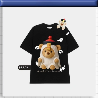 Áo thun phông cotton unisex nữ cổ tròn rộng đính gấu - Bigsize RTOML, chỉ 69k