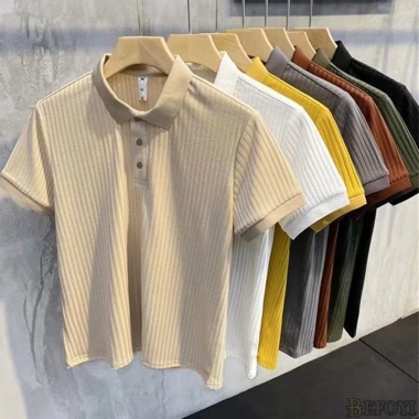 Áo Thun Polo Dệt Kim Tay Ngắn Dáng Rộng Kẻ Sọc Hàn Quốc - Giá 361.800đ cho Nam