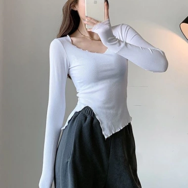 Áo Thun Tăm Viền Sóng Dài Tay Dáng Ôm Xẻ Tà Phong Cách Hàn Quốc, Giá Chỉ 82.800₫
