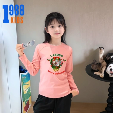 Áo thun tay dài bé gái 15-38kg chất borip in hình Labubu Marry Christmas mã Noel TED11 10