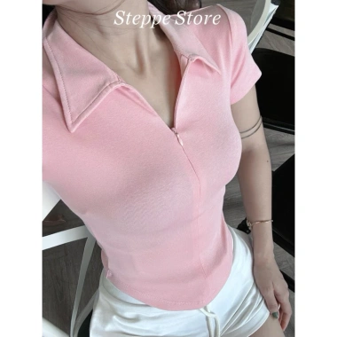Áo thun tay ngắn polo STEPPE khóa kéo trước, thanh lịch công sở, thun co giãn, Nữ