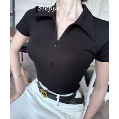 Áo thun tay ngắn polo STEPPE khóa kéo trước, thanh lịch công sở, thun co giãn, Nữ 7 Áo thun tay ngắn polo STEPPE khóa kéo trước, thanh lịch công sở, thun co giãn, Nữ 7