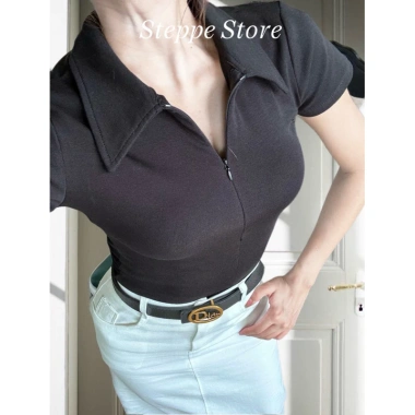 Áo thun tay ngắn polo STEPPE khóa kéo trước, thanh lịch công sở, thun co giãn, Nữ