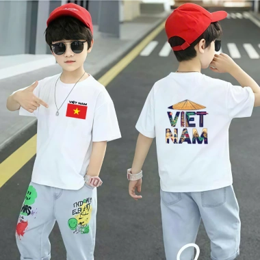 Áo thun trắng in cờ Việt Nam 2 mặt, cotton mát cho bé 15‑60kg, giá 90.000₫ 7