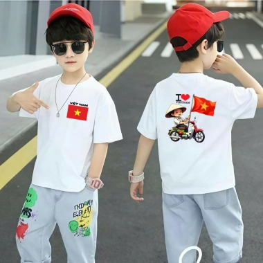 Áo thun trắng in cờ Việt Nam 2 mặt, cotton mát cho bé 15‑60kg, giá 90.000₫ 9