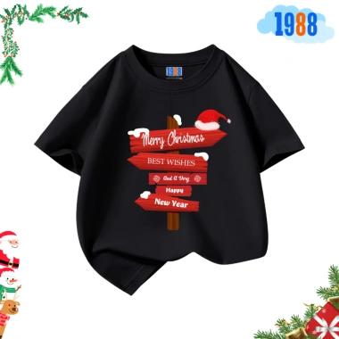 Áo thun trẻ em 1.988 màu đen in ông già Noel - Cotton 15‑56kg, Giáng sinh, giá ưu đãi 90.000đ 3