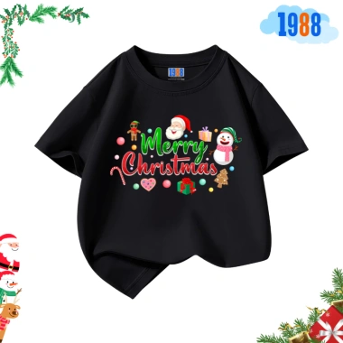 Áo thun trẻ em 1.988 màu đen in ông già Noel - Cotton 15‑56kg, Giáng sinh, giá ưu đãi 90.000đ 4